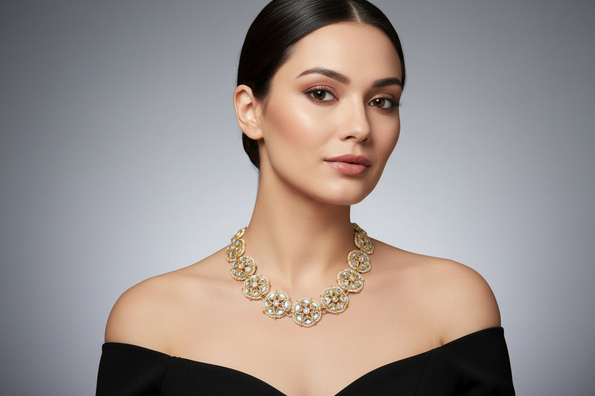 white pachi kundan chocker necklace set | Elegant Bridal Jewellery – Famaza Couture