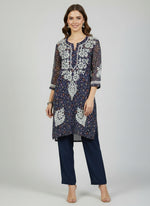 31 inches short kurti in navy blue colour floral printed and hand embroidered Georgette kurti with Ghass Patti work displayed.