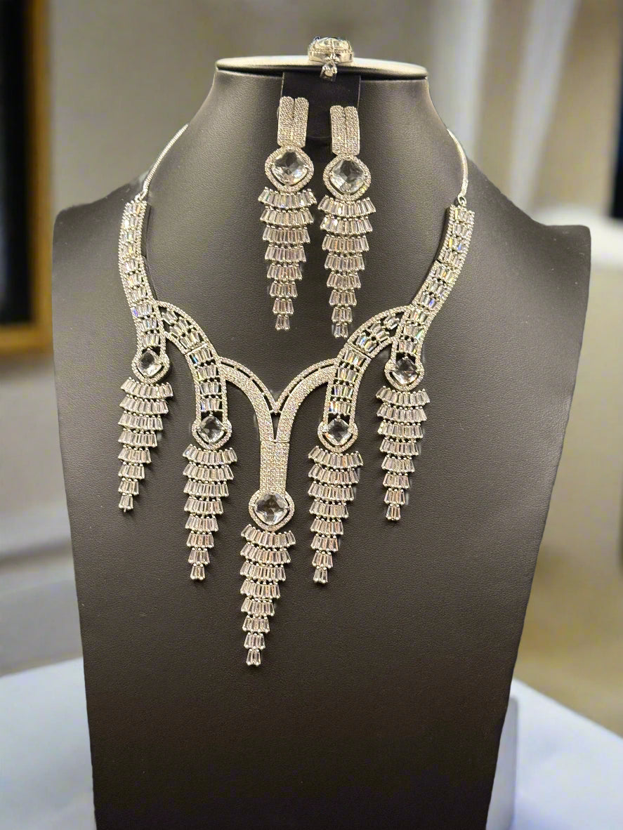 Sparkling Silver Cascade CZ Jewellery Set with Tikka | Famaza Couture
