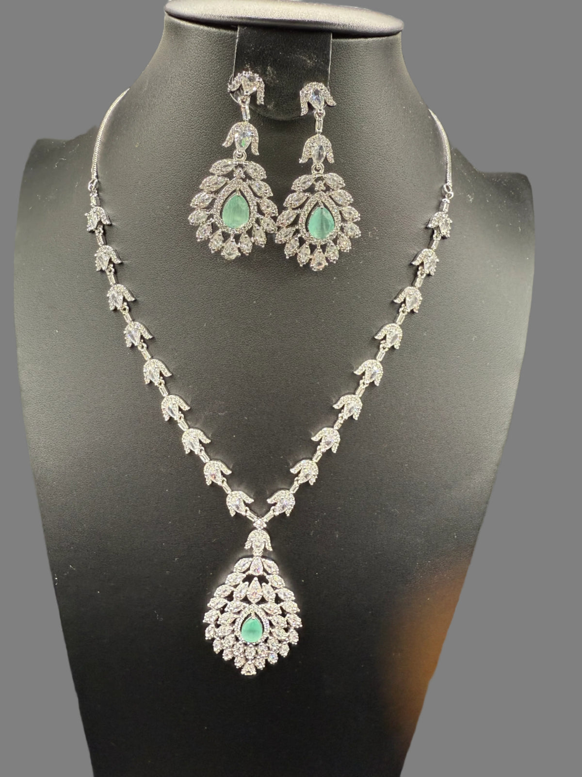 American Diamond & Emerald Necklace Set - Leaf Design | Famaza Couture