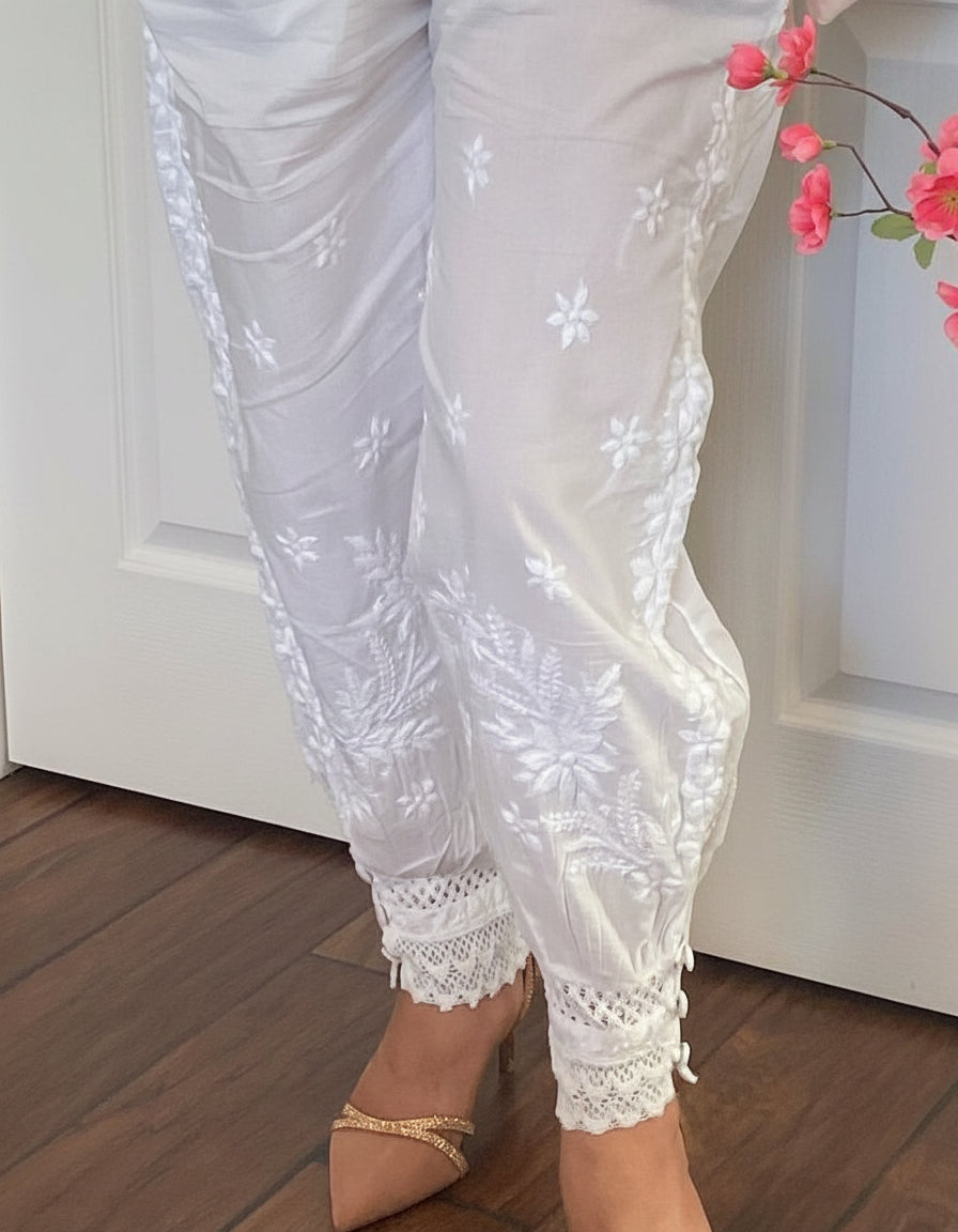 model wearing Afghani cotton pants with Chikankari embroidery