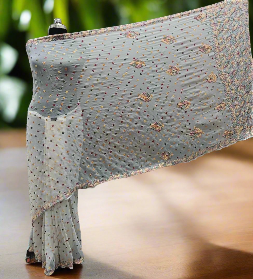 Georgette Saree with chikankari Keel Jaal Embroidery – Elegant Palla Work | Famaza Couture
