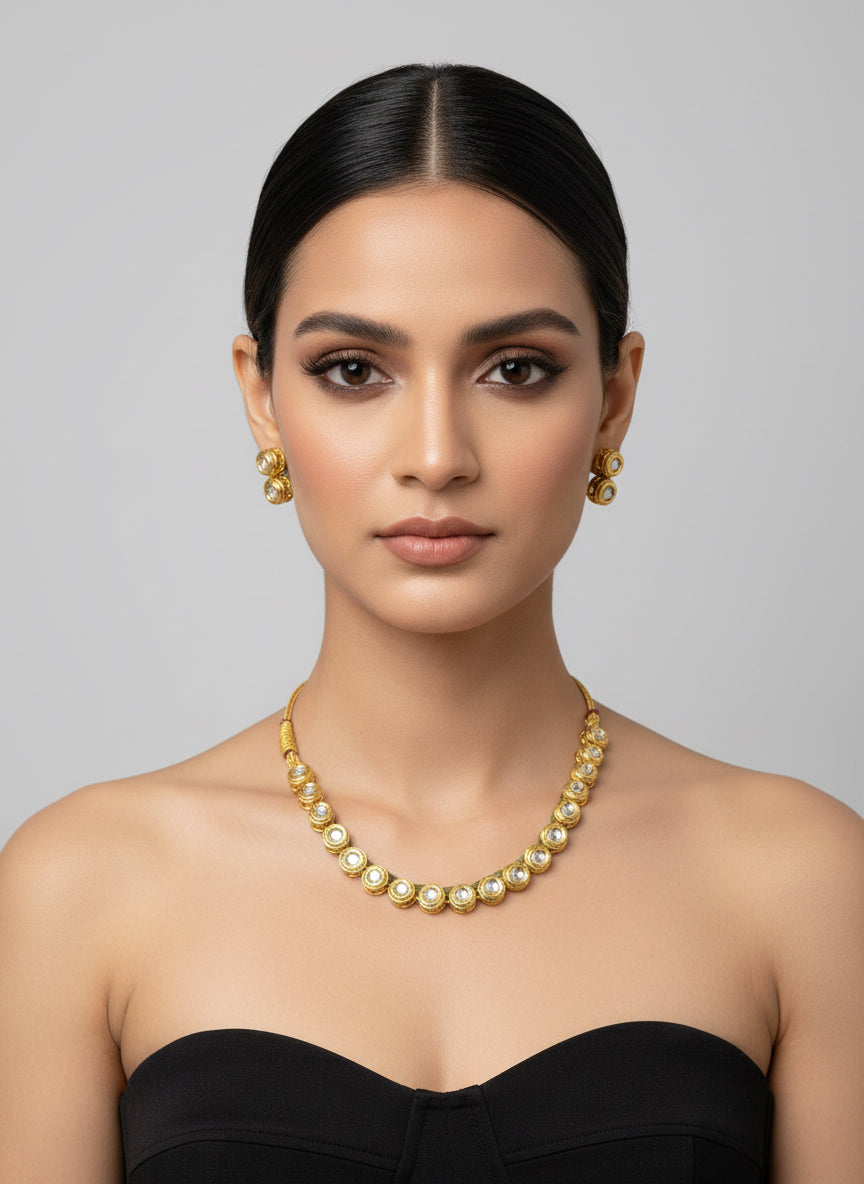 Gold plated Kundun sleek Choker Necklace set | Elegant Party & Bridal Jewellery – Famaza Couture