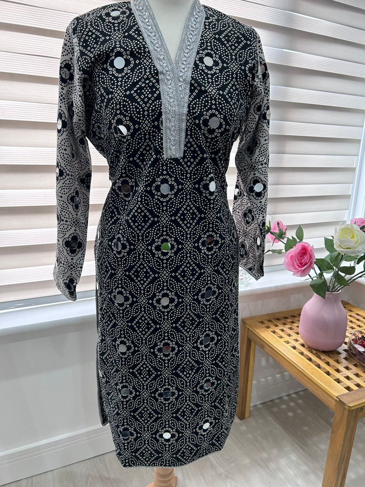 Traditional Ajrak Sindhi Kurta/Dress - Black/White