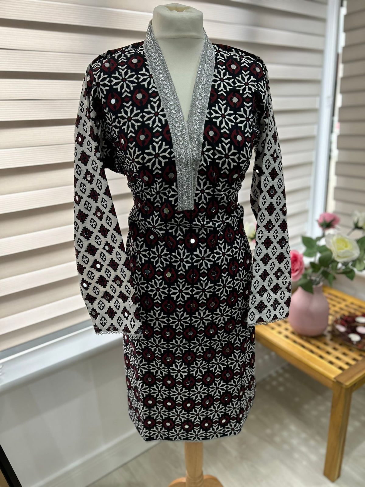 Traditional Ajrak Sindhi Kurta/Dress - Maroon/Black/White