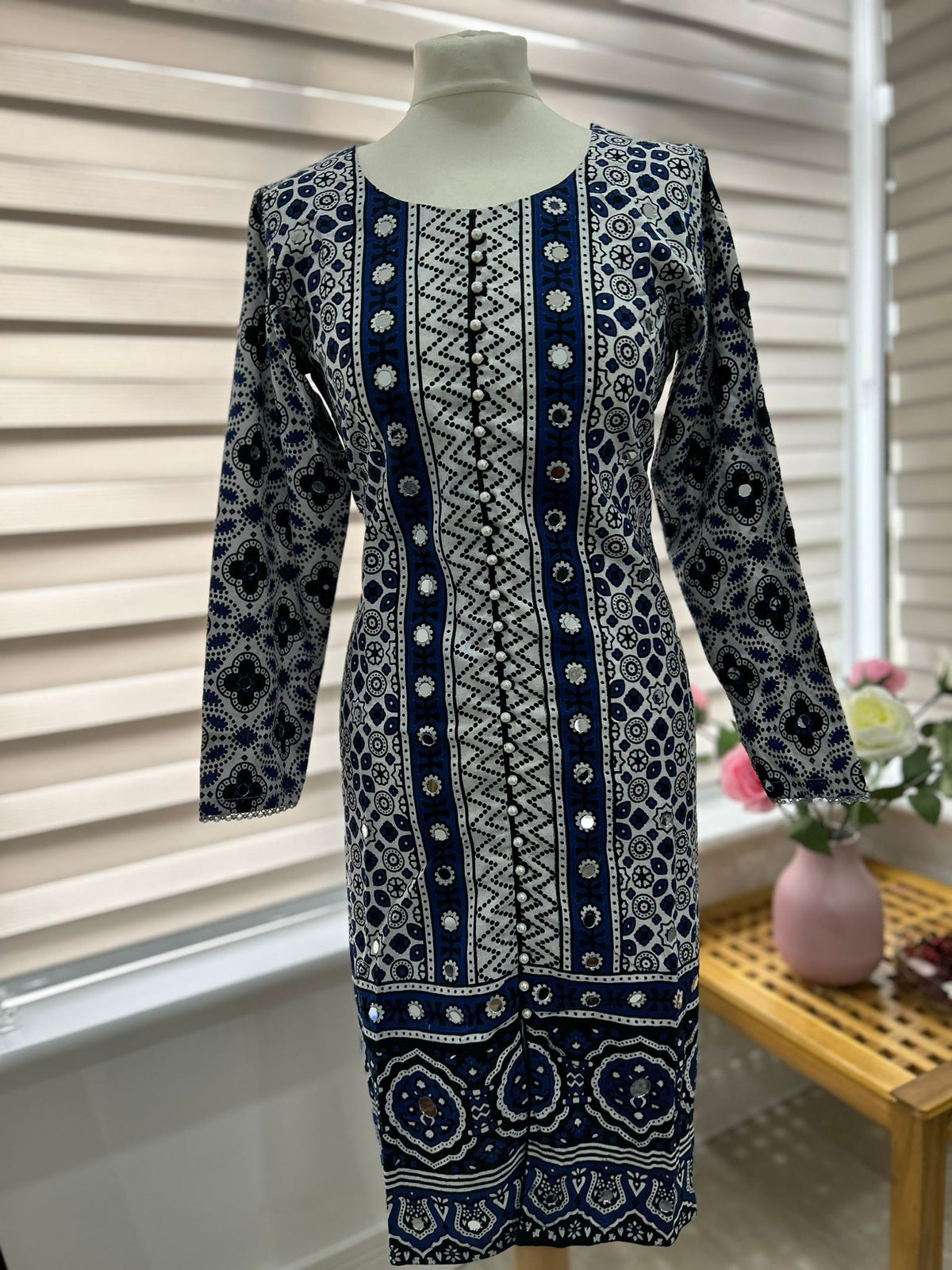 Traditional Ajrak Sindhi Kurta/Dress - Blue/White