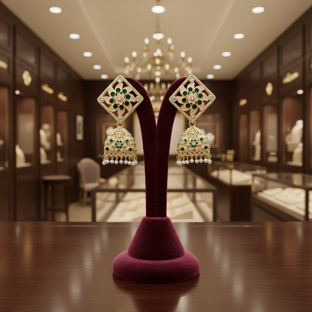 A pair of gold-plated brass Meenakari stud Jhumka earrings with green and white stones.