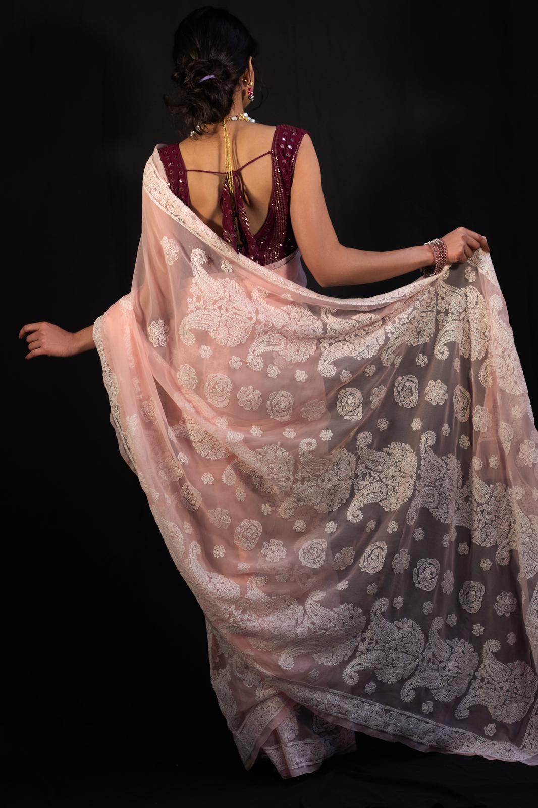 Full Jaal Chikankari Georgette Saree with Palla Keel Jaal Work – Elegant Ethnic Wear