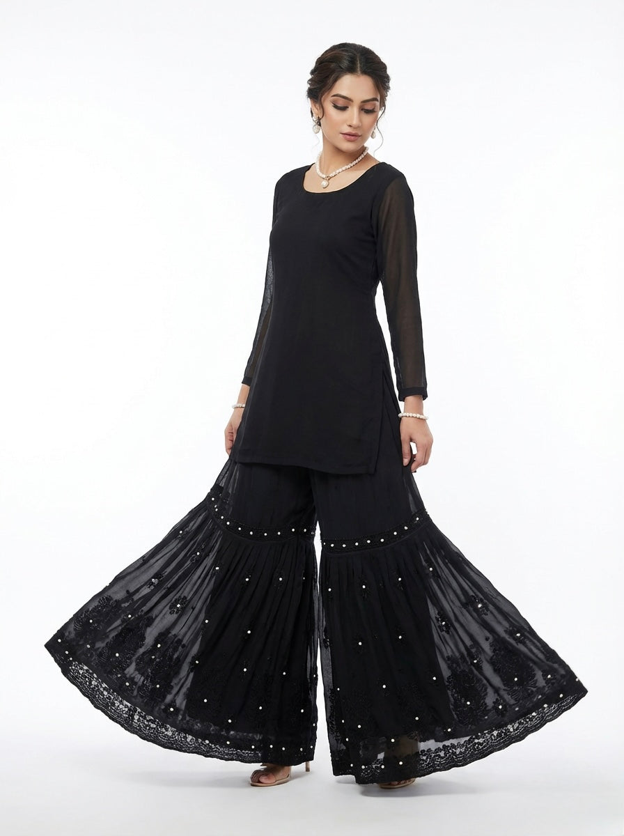 Black Chikankari Embroidered Viscose Gharara | Pants | Handmade Shadow and pearls Work Trousers only