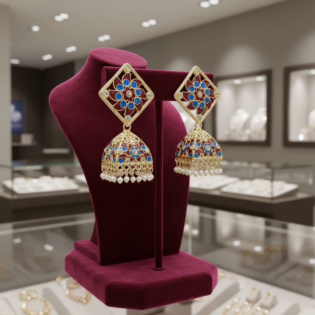 A pair of gold-plated brass Meenakari stud Jhumka earrings with green and white stones.