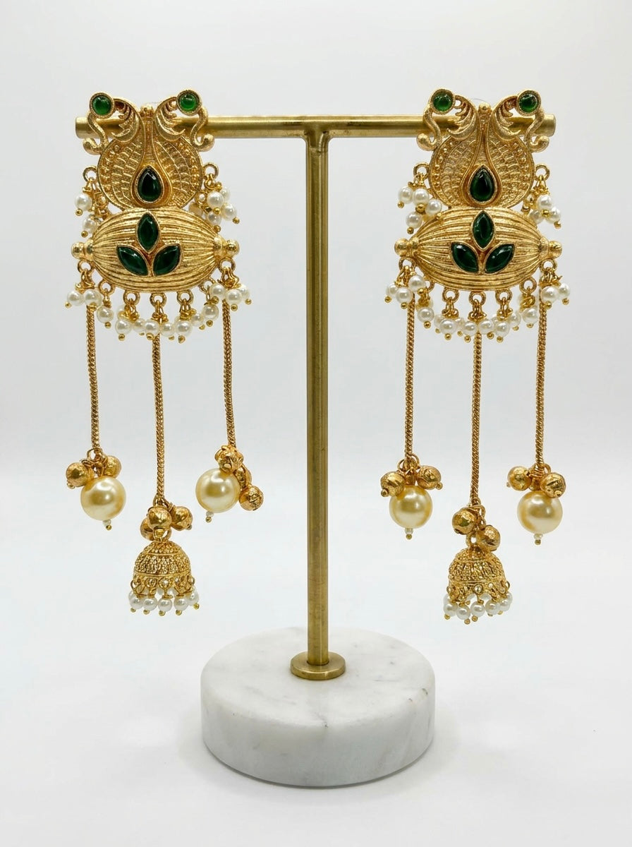 14K Gold Plated Kashmiri Jhumka Earrings | Long Kundan Party Wear Earrings