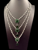Emerald Green CZ Multi-Layer Necklace, Earring & Ring Set | Silver Tone