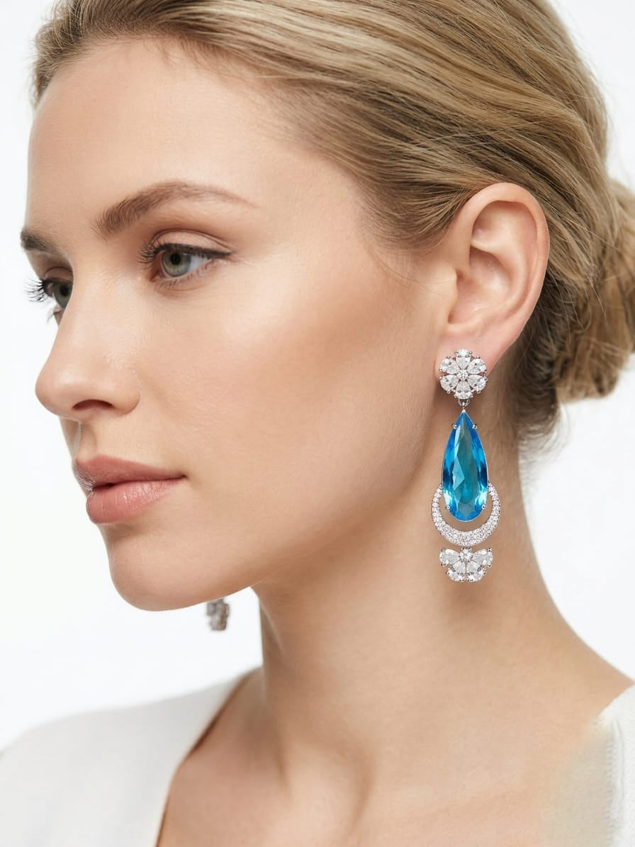 Midnight Blossom American Diamond Floral Earrings (Silver Finish)