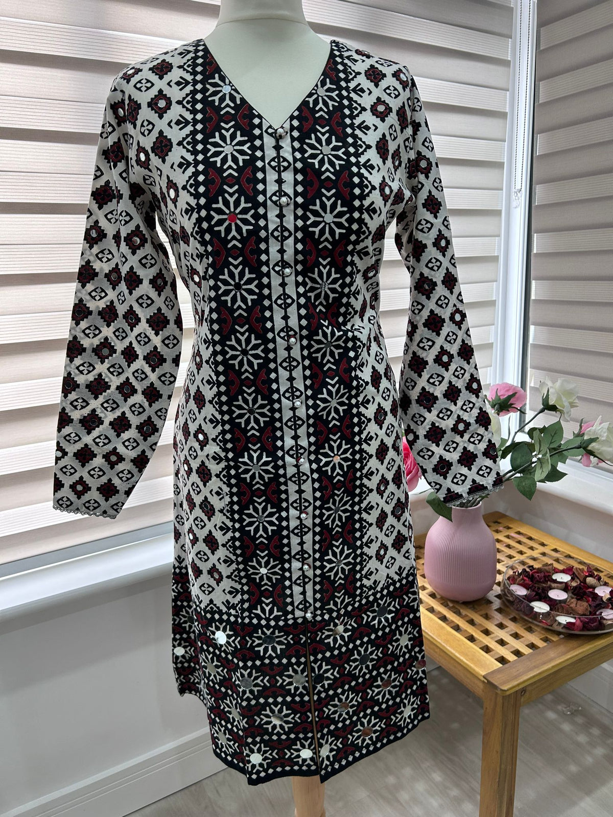 Traditional Ajrak Sindhi Kurta/Dress - Maroon/White