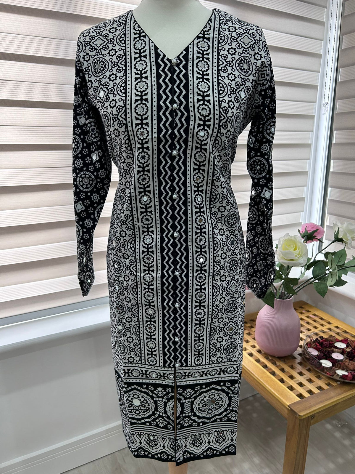 Traditional Ajrak Sindhi Kurta/Dress - Black/White