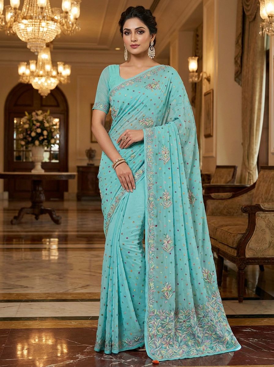 Georgette Saree with chikankari Keel Jaal Embroidery – Elegant Palla Work | Famaza Couture