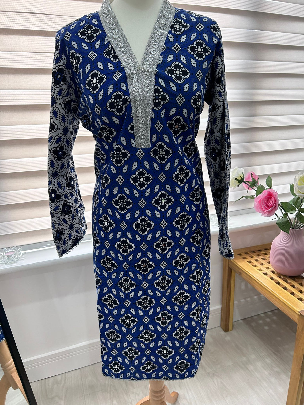 Traditional Ajrak Sindhi Kurta/Dress - Blue/White