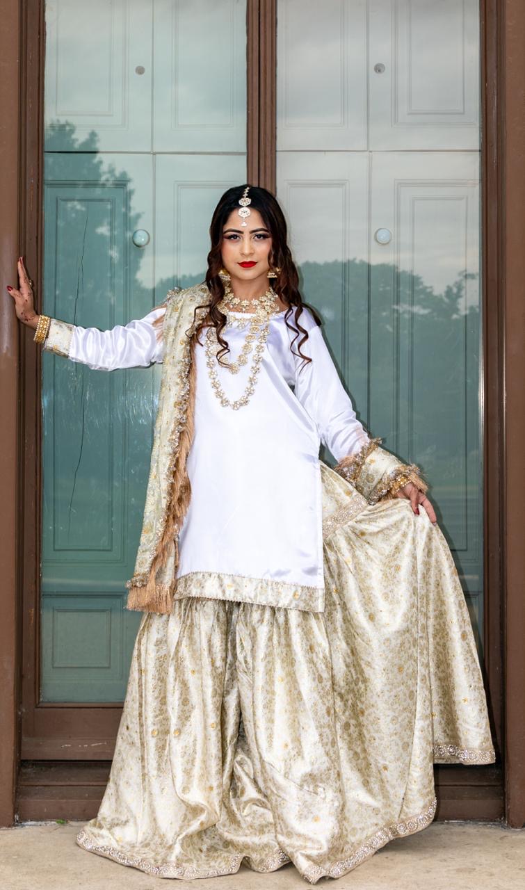 Jahan-Aara White Asian Bridal Nikah Dress | Traditional Kimkhab Gharara Bridal Wear