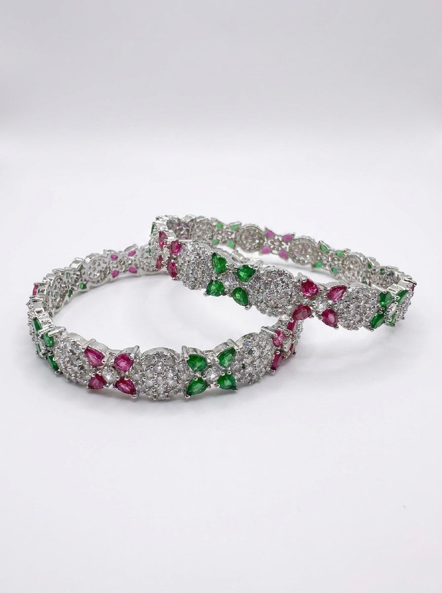 Floral Emerald & Ruby American Diamond Bangles - Multi-Tone Crystal Set