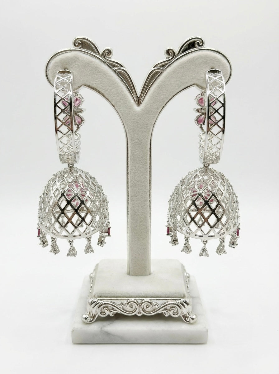 Premium Silver Imitation American Diamond Jhumka Earrings | Famaza Couture