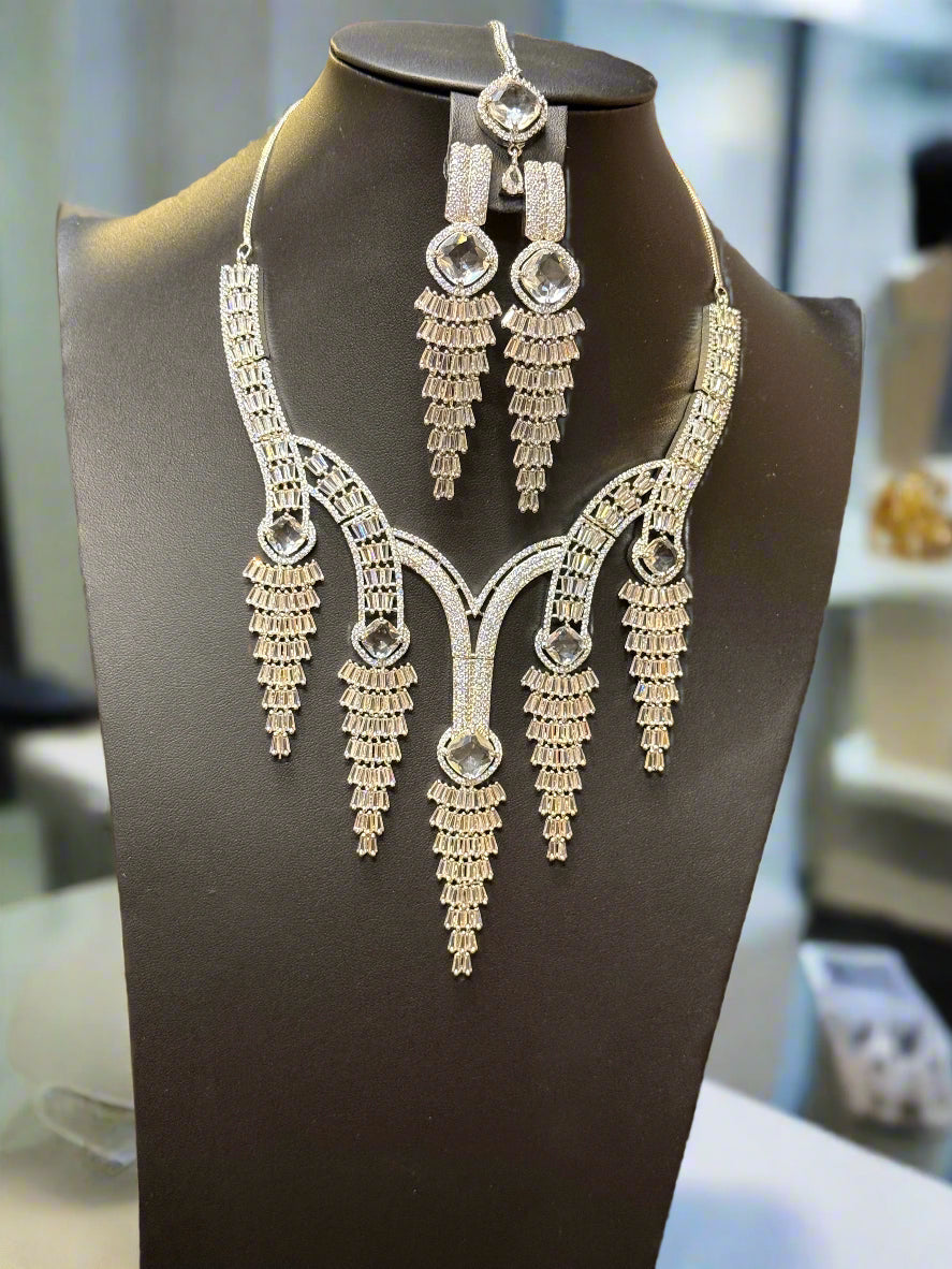 Maang tikka detail with clear CZ stones silver tone cascade set