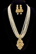 Five Layer Imitation Pearl Necklace Set with Kundan Pendant & Earrings