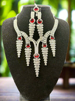 Silver cascade CZ statement necklace earring and tikka set Famaza Couture
