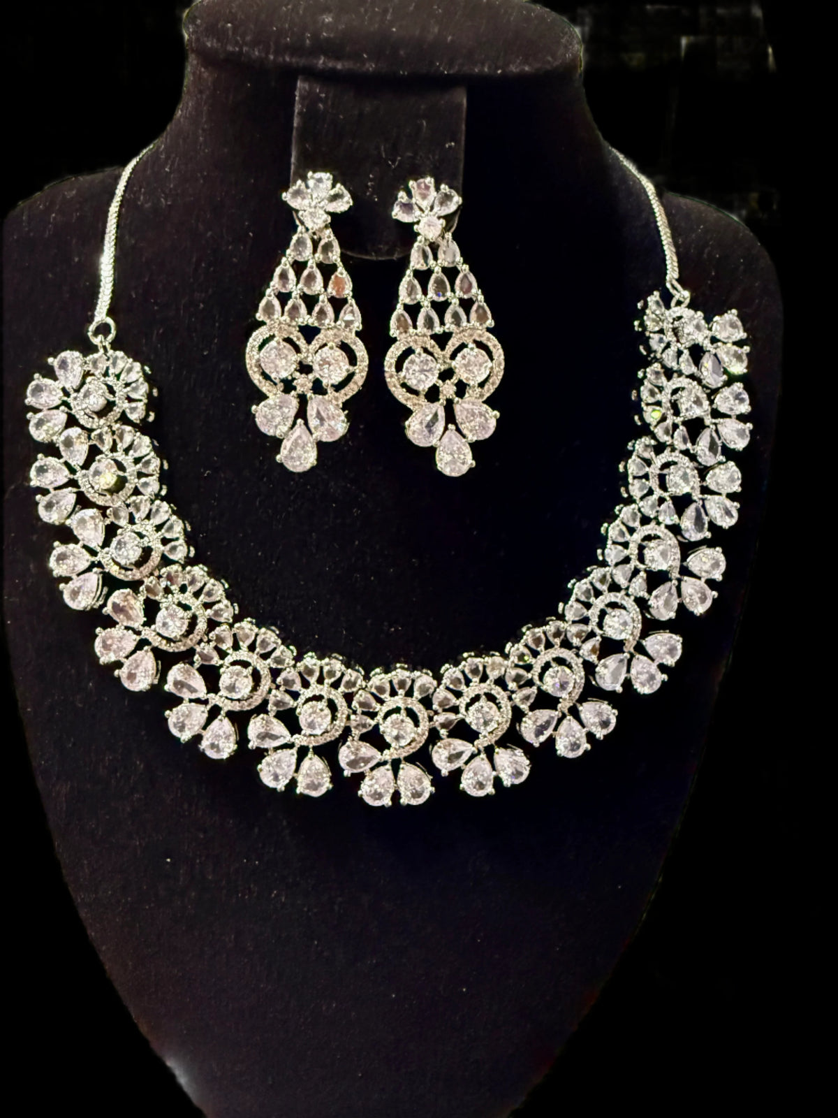 American Diamond Look Necklace Set - Silver Floral Design