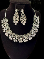 American Diamond Look Necklace Set - Silver Floral Design