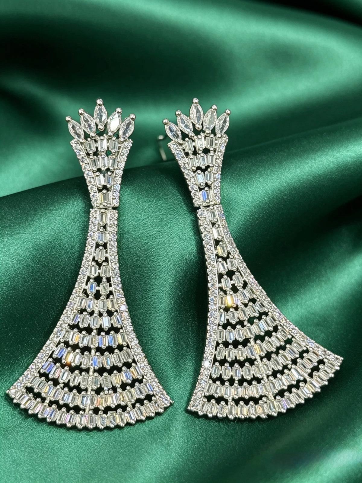 Gala Glamour Silver American Diamond Statement Drop Earrings