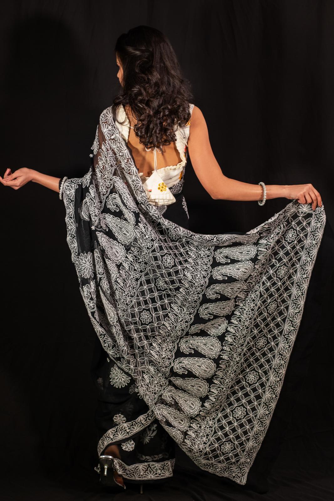 Full Jaal Chikankari Georgette Saree with Palla Keel Jaal Work – Elegant Ethnic Wear