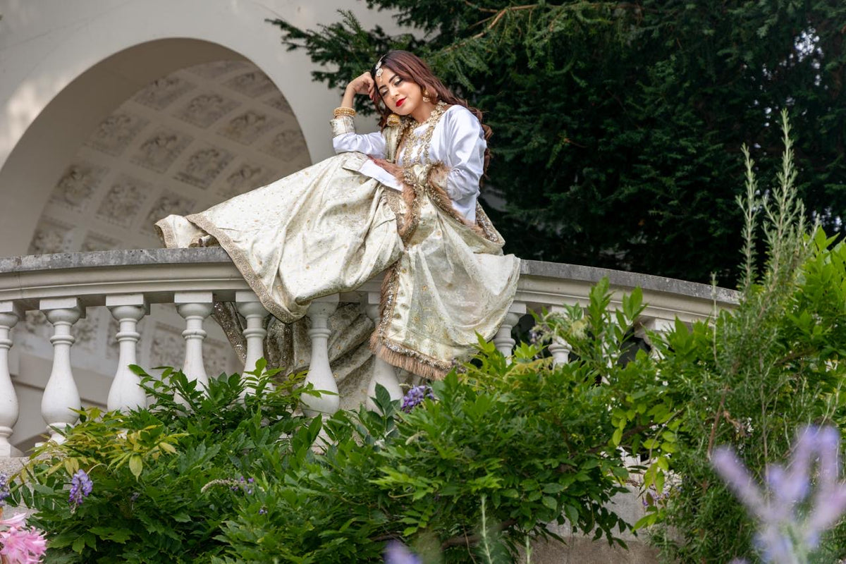 Jahan-Aara White Asian Bridal Nikah Dress | Traditional Kimkhab Gharara Bridal Wear