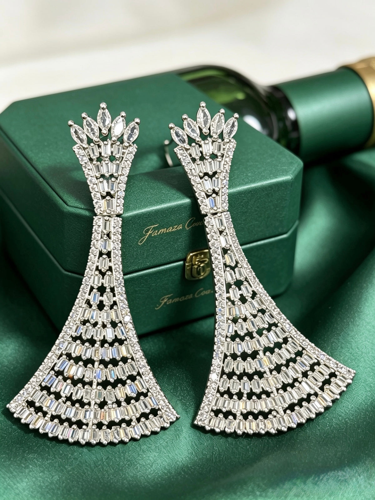 Gala Glamour Silver American Diamond Statement Drop Earrings