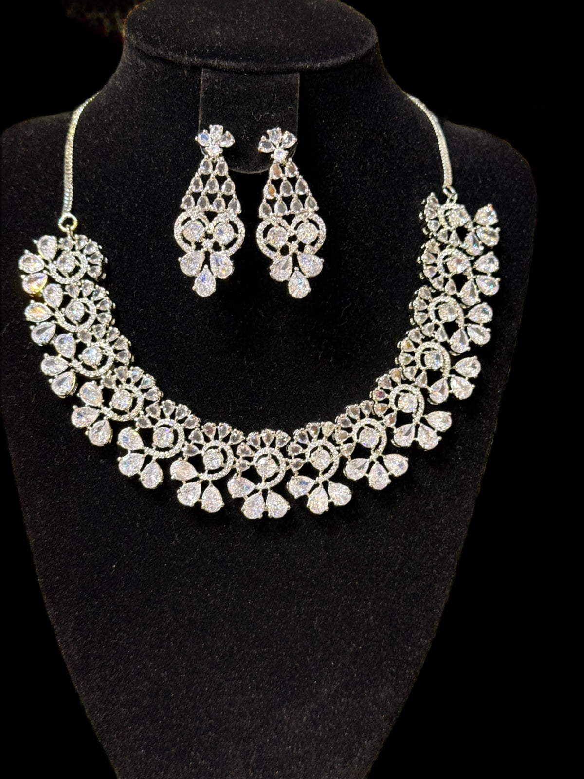 American Diamond Look Necklace Set - Silver Floral Design