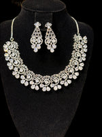 American Diamond Look Necklace Set - Silver Floral Design