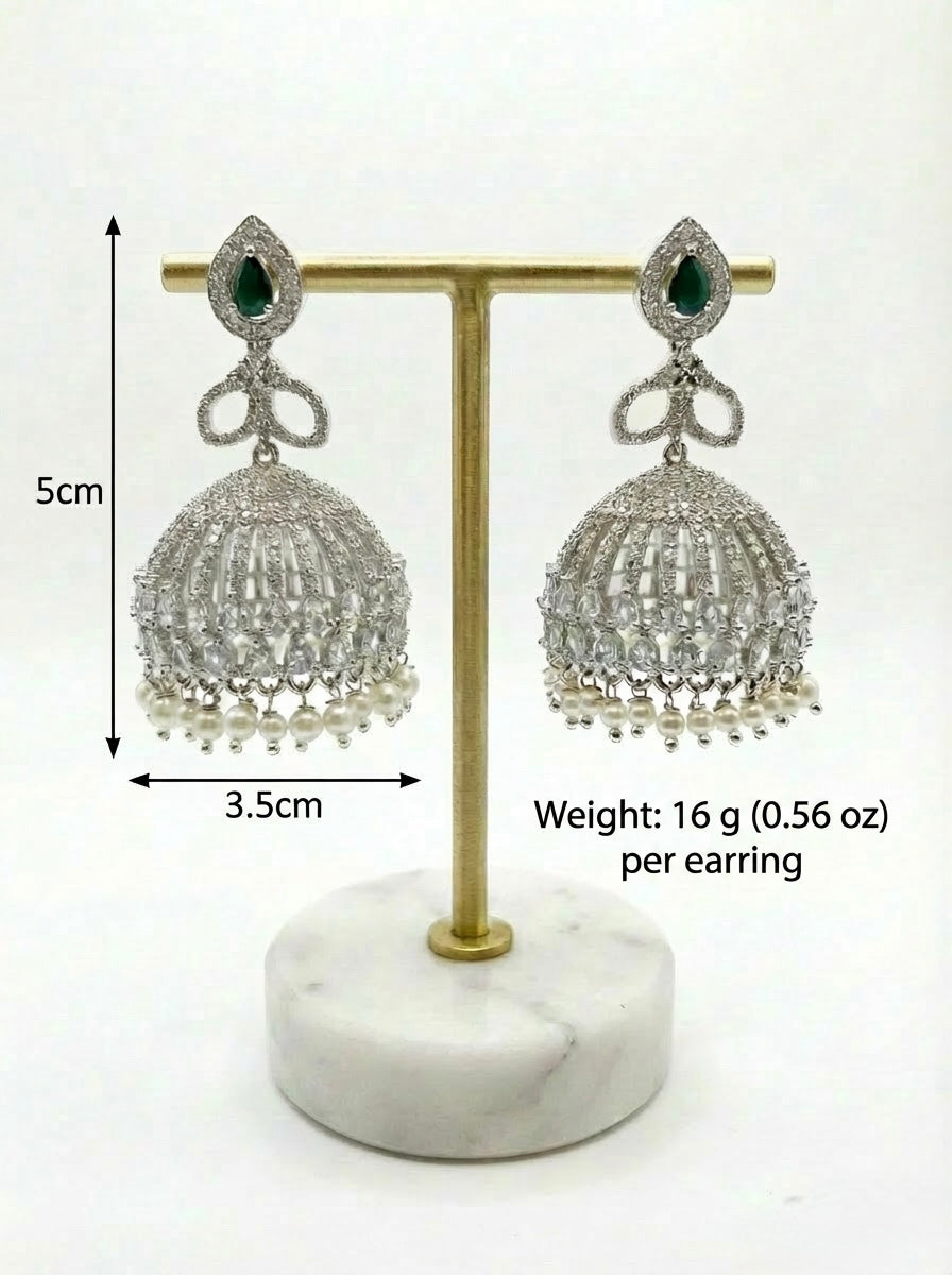 American Diamond Jhumka Earrings (Jhumkey) – Silver Finish Bridal & Party Wear Earrings UK | Famaza Couture