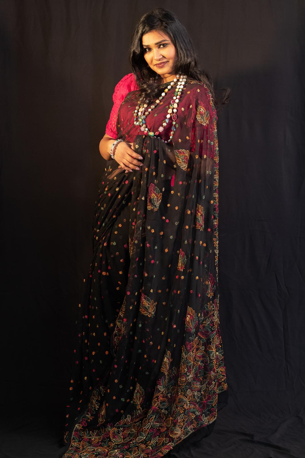 Georgette Saree with chikankari Keel Jaal Embroidery – Elegant Palla Work | Famaza Couture