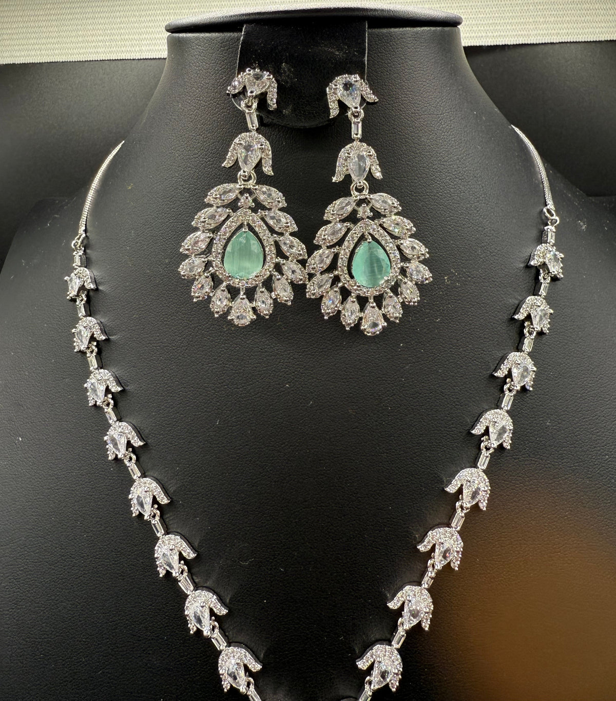 American Diamond & Emerald Necklace Set - Leaf Design | Famaza Couture