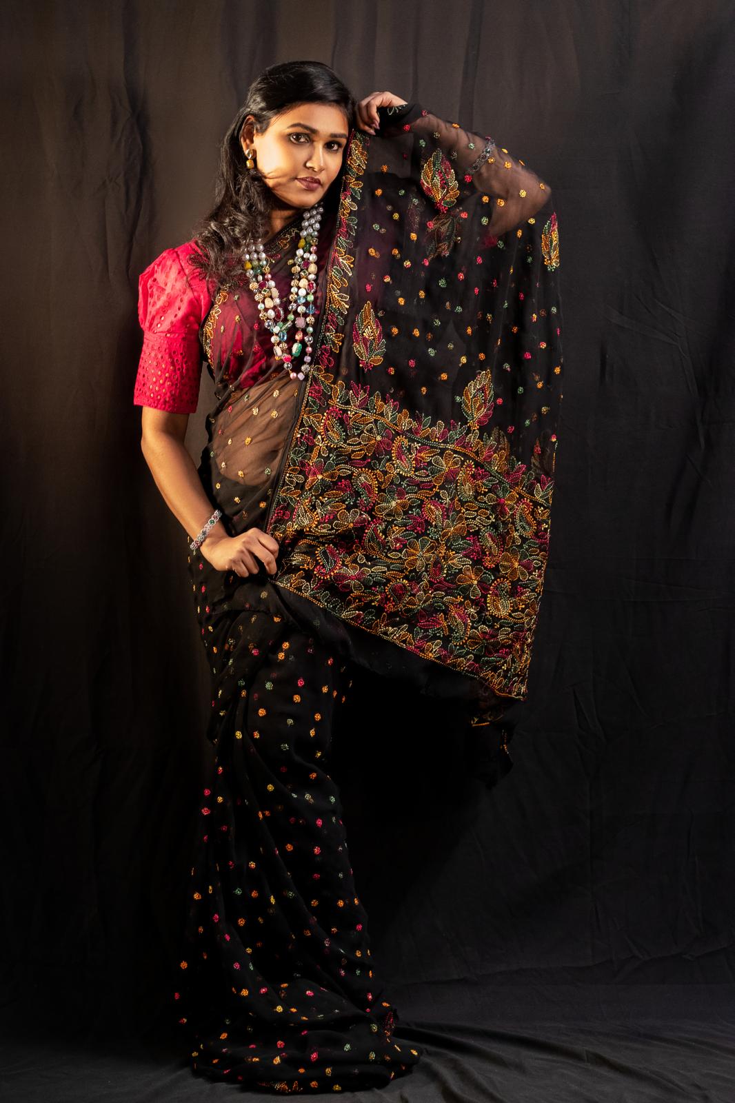 Georgette Saree with chikankari Keel Jaal Embroidery – Elegant Palla Work | Famaza Couture