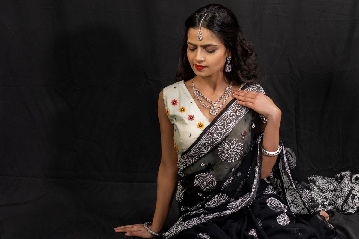 Full Jaal Chikankari Georgette Saree with Palla Keel Jaal Work – Elegant Ethnic Wear