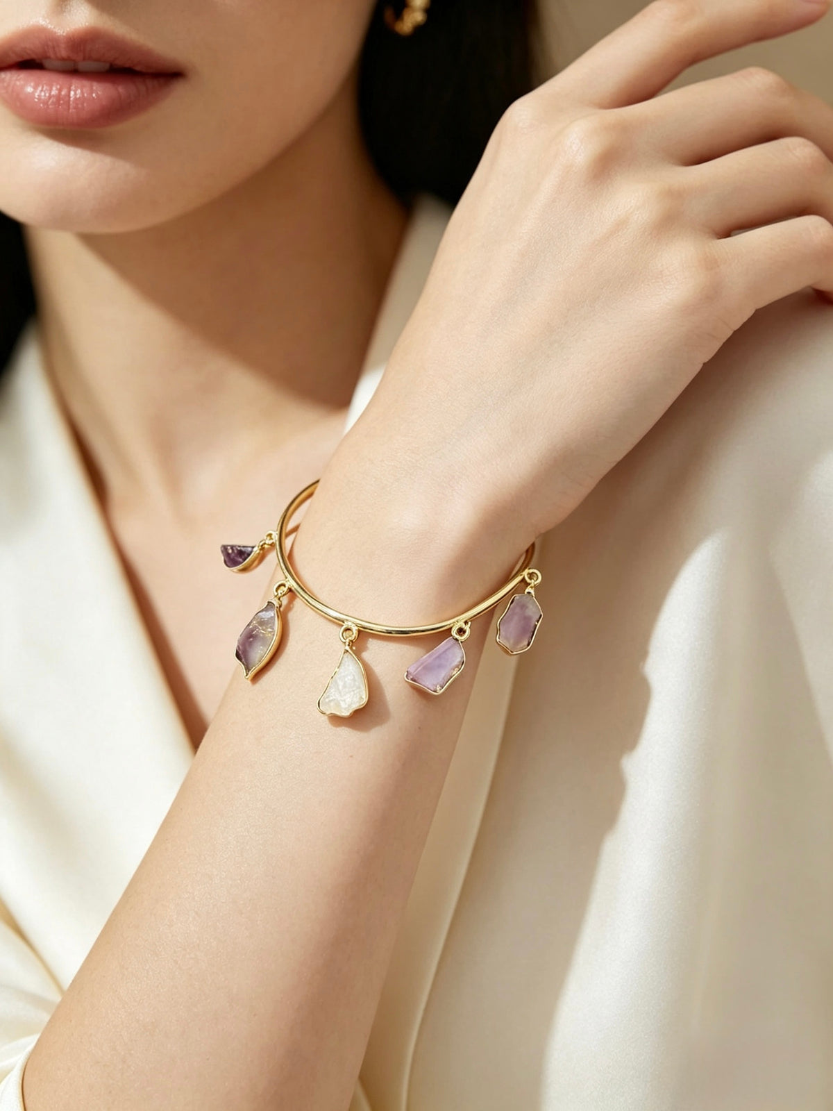 The Eos Raw Gemstone Gold Open Cuff Bangle | Famaza Couture