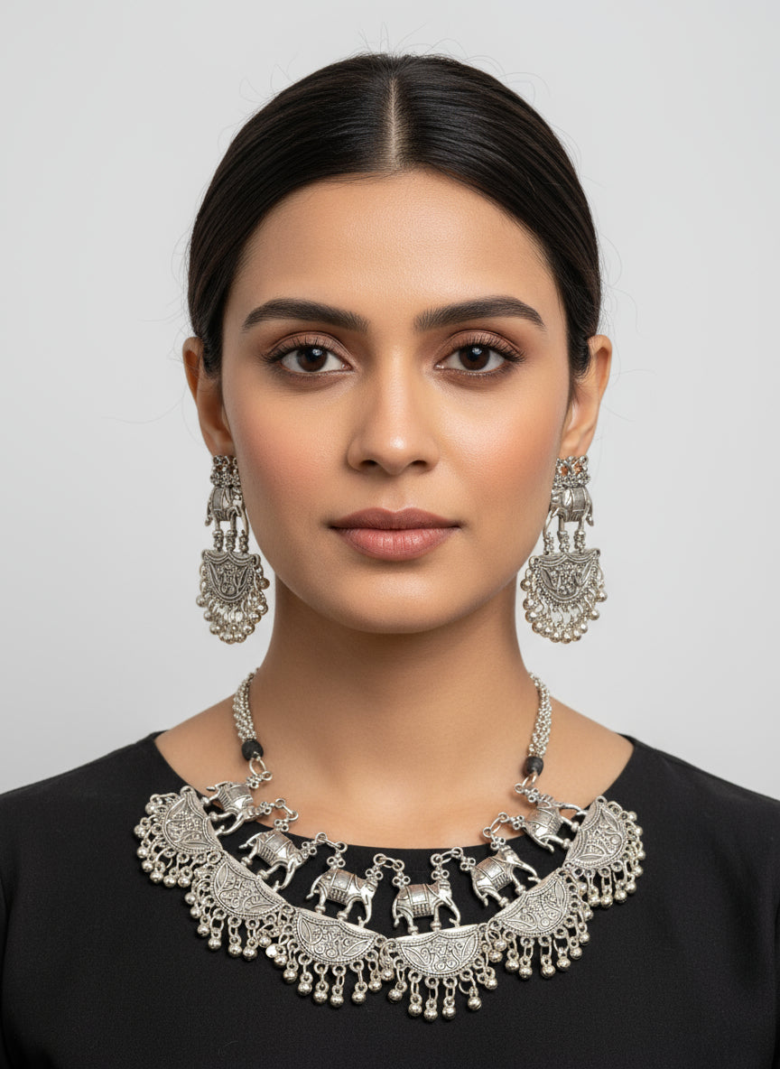 Oxidised silver elephant necklace and earrings set – handcrafted tribal Indian jewellery by Famaza Couture