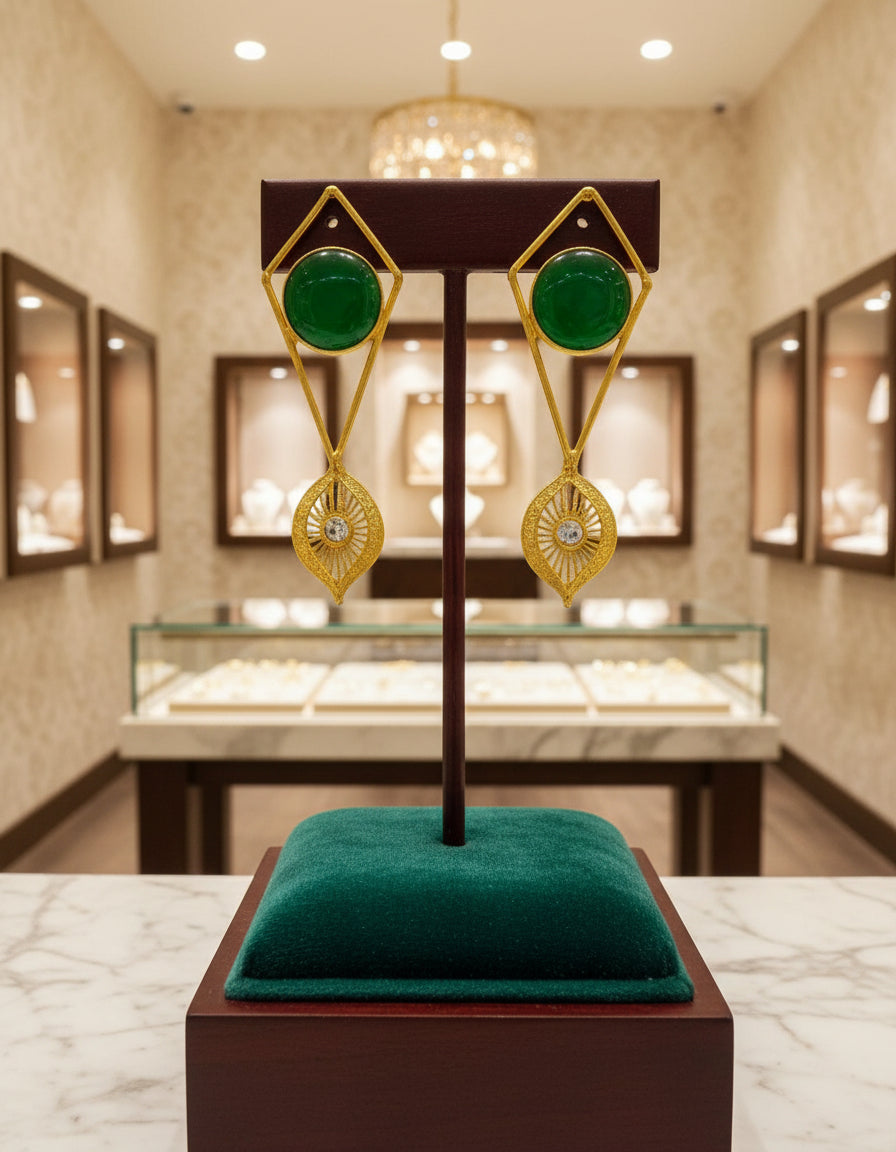 A pair of gold-colored filigree earrings featuring round yellow stones at the center, presented against a white background.