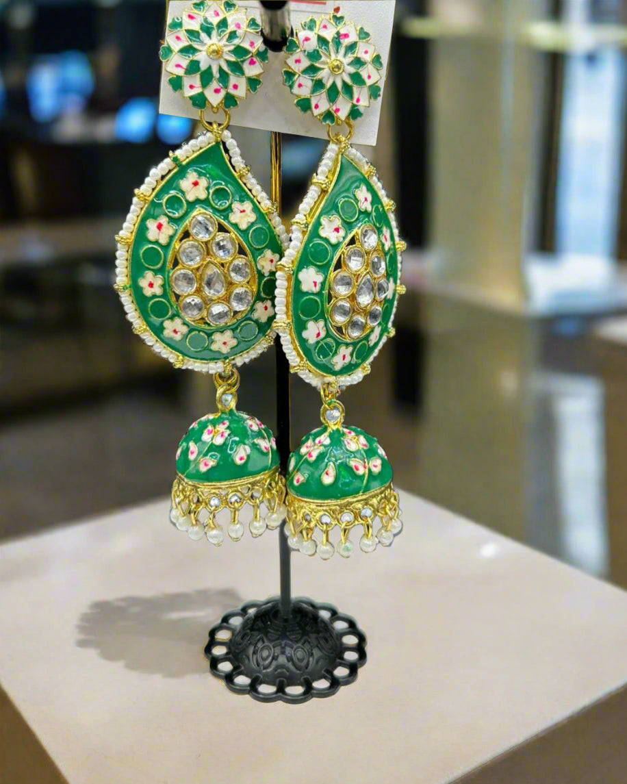 Meenakari Ambi long Jhumka Earrings | Lightweight Handcrafted Bridal Jewellery – Famaza Couture