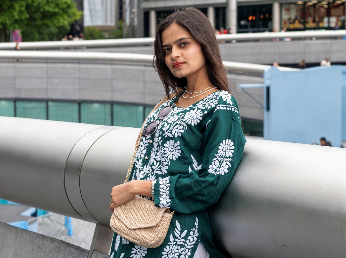 Model wearing Chikankari Kurti Leaf Floral Border Green