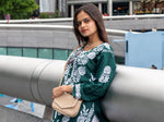 Model wearing Chikankari Kurti Leaf Floral Border Green