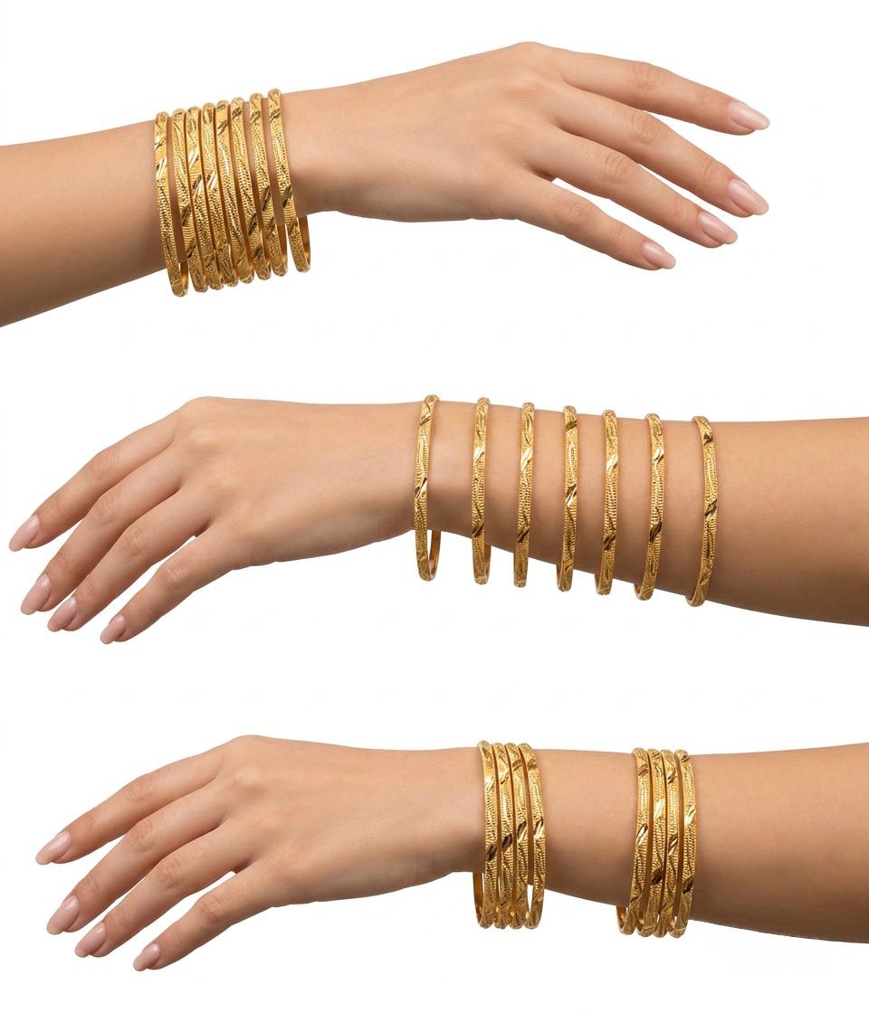 A composite lifestyle image showing three ways to style a set of eight micro gold-plated copper bangles: stacked together on the wrist, spaced out along the forearm, and split into two smaller groups of four.