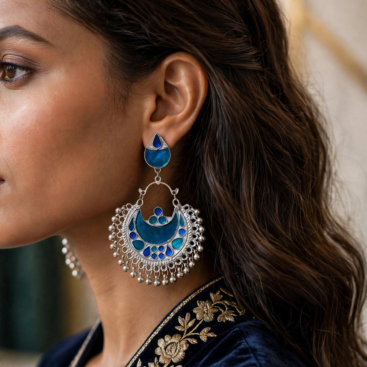 Crescent Jhumka Earrings - Oxidised Silver Enamel Chandelier Earrings