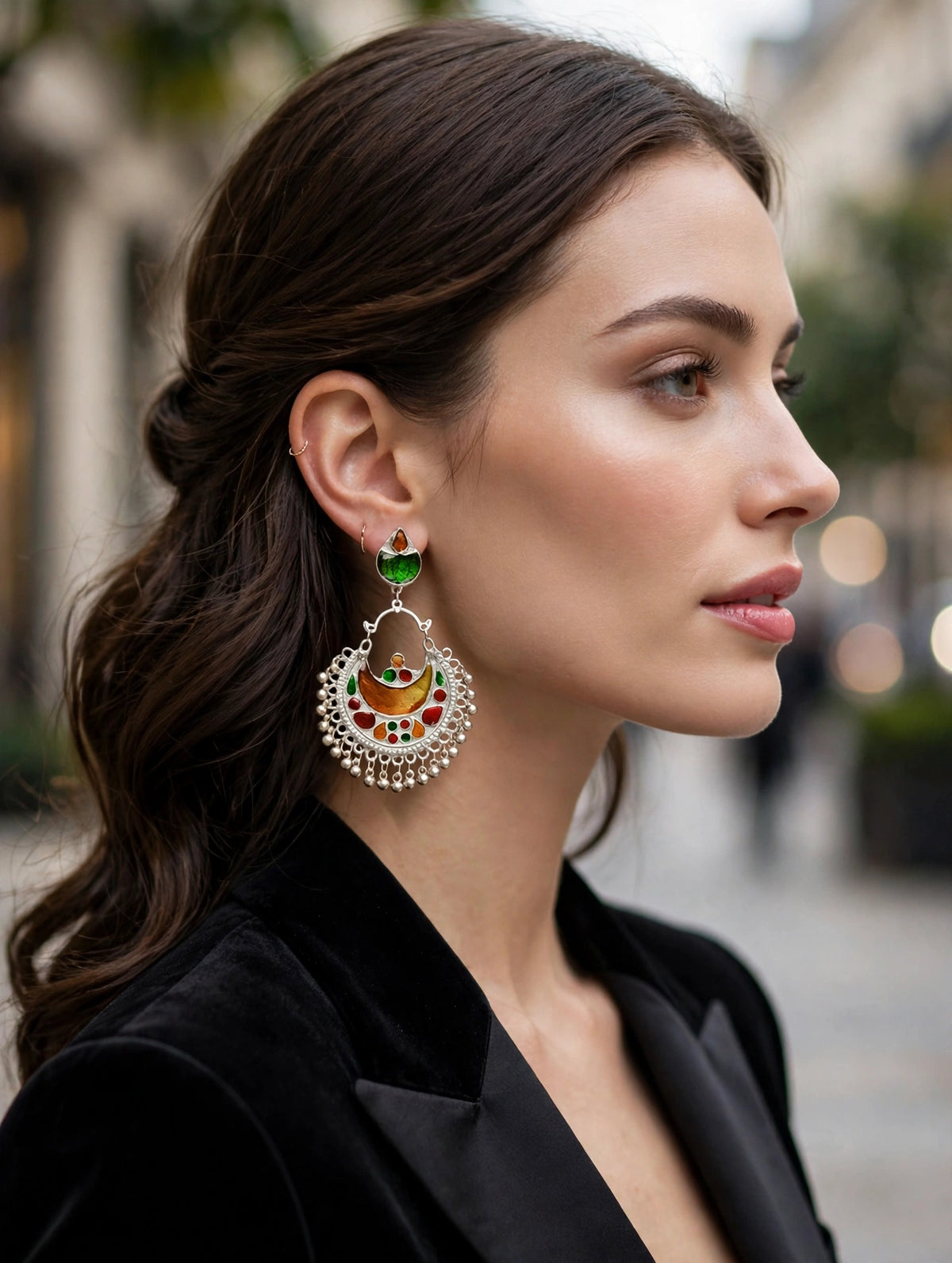 Crescent Jhumka Earrings - Oxidised Silver Enamel Chandelier Earrings