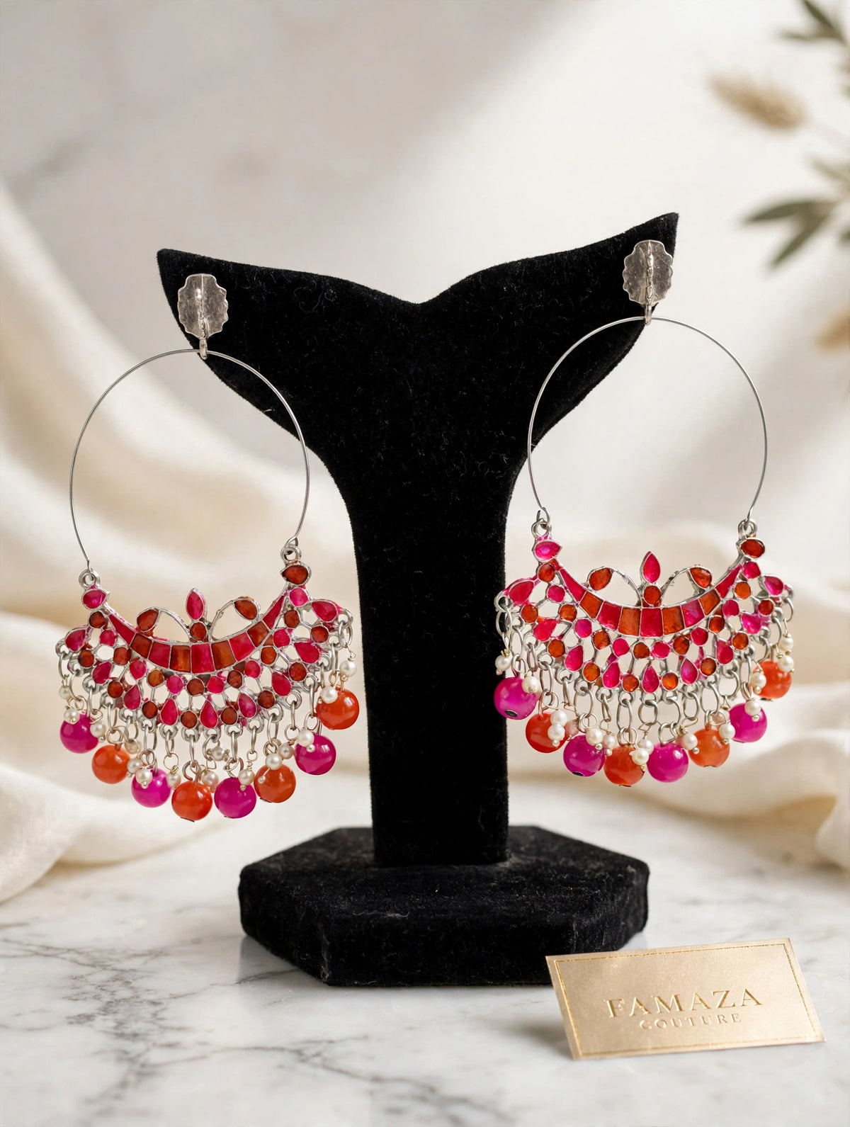 Silver-Tone Enamel-Painted Chandbali Hoop Earrings – Bridal & Festive